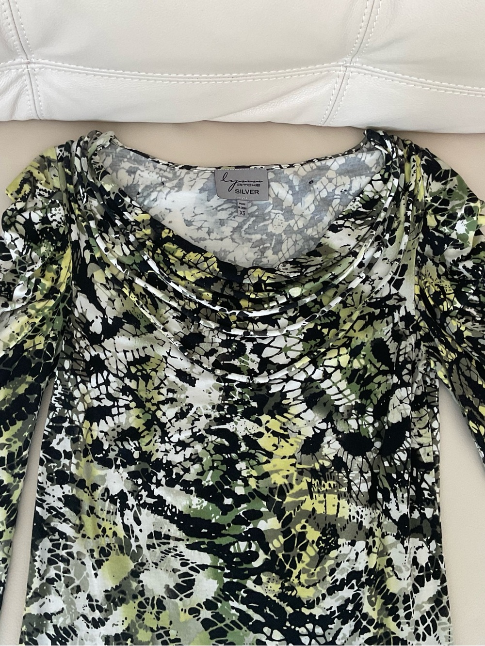 Lynn Ritchie Silver, White & Green Abstract Cowl Neck Top